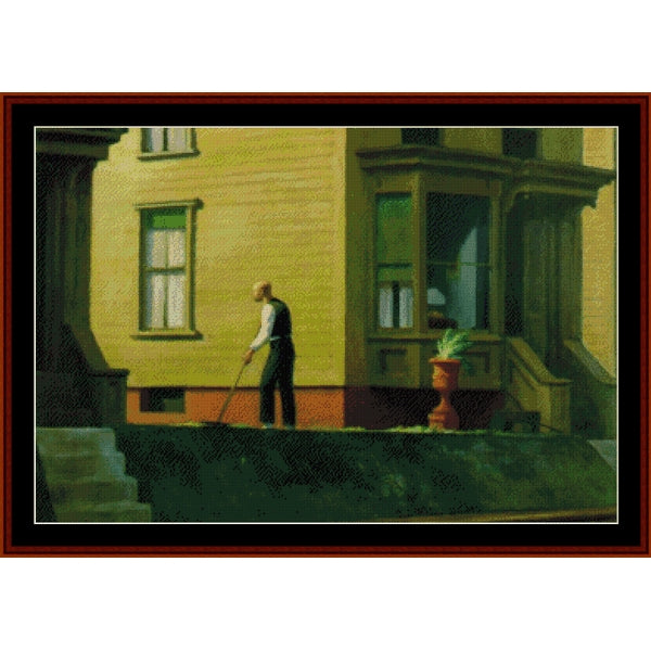 Counted Cross Stitch Pattern: Pennsylvania Coal Town by Edward Hopper - Cross Stitch Collectibles - A framed art print depicting a man raking the lawn in front of a yellow house, styled in a classic cross-stitch pattern 