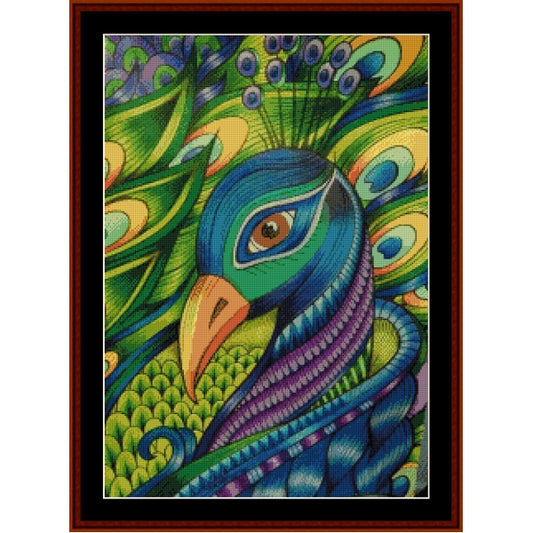 Counted Cross Stitch Pattern: Pensive Peacock, Fantasy - Cross Stitch Collectibles - A framed colorful artwork featuring a stylized peacock with a blue head, green and purple neck, and bright green and yellow feather patterns in the background