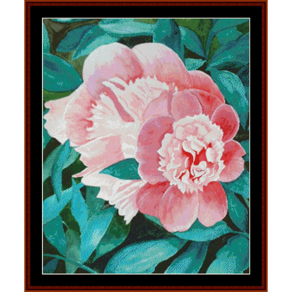 Counted Cross Stitch Pattern: Peonies, Floral - Cross Stitch Collectibles - A framed floral artwork showing a large pink peony flower with layered petals and teal-green leaves
