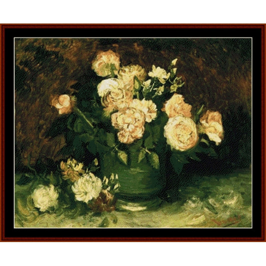 Counted Cross Stitch Pattern: Peonies and Roses by Vincent Van Gogh - Cross Stitch Collectibles - A framed still life painting featuring cream and pale yellow roses in a green vase against a dark brown background