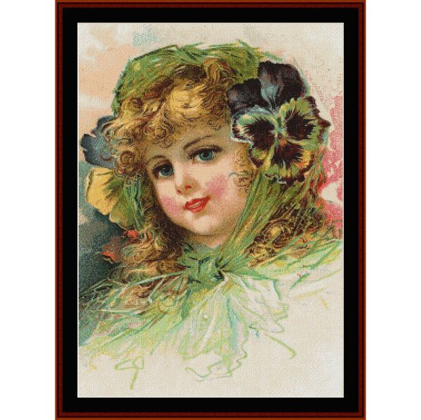 Counted Cross Stitch Pattern: Peony Girl - Cross Stitch Collectibles - Framed vintage-style portrait artwork showing a young girl with curly hair, a green bonnet, and large dark flowers