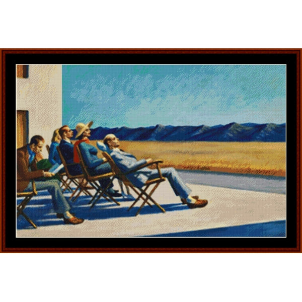 Counted Cross Stitch Pattern: People in the Sun by Edward Hopper - Cross Stitch Collectibles - A framed horizontal landscape painting depicting three men sitting in folding chairs on a patio, with a dry field and blue mountains in the background under a light blue sky.
