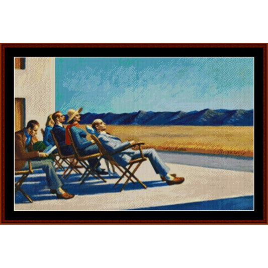 Counted Cross Stitch Pattern: People in the Sun by Edward Hopper - Cross Stitch Collectibles - A framed horizontal landscape painting depicting three men sitting in folding chairs on a patio, with a dry field and blue mountains in the background under a light blue sky.