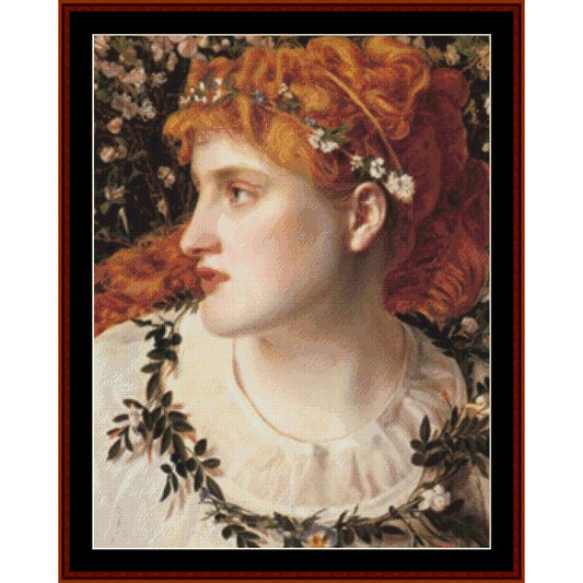 Counted Cross Stitch Pattern: Perdita by Emma Sandys - Cross Stitch Collectibles - A framed portrait artwork showing a woman in profile with red hair, a floral headpiece, and a white ruffled collar, surrounded by dark foliage.
