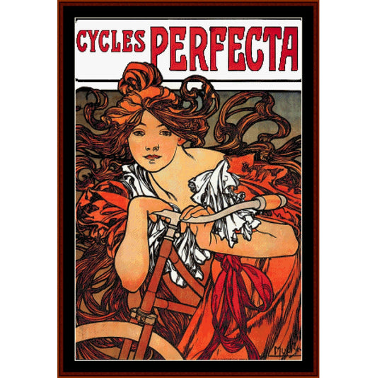 Counted Cross Stitch Pattern: Perfecta Cycles, 1902 by Alphonse Mucha - Cross Stitch Collectibles - A framed vintage-style poster reading 'CYCLES PERFECTA' with an illustrated woman in flowing red and orange hair and dress, holding a bicycle handlebar