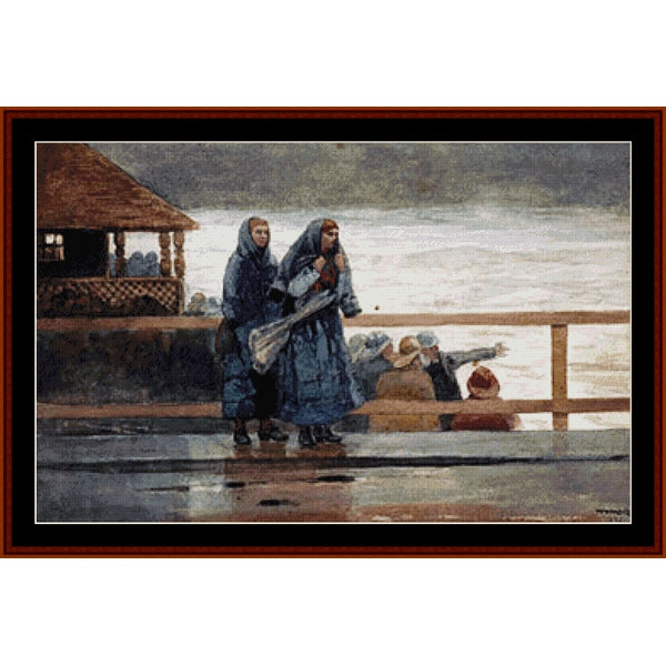Counted Cross Stitch Pattern: Perils of the Sea by Winslow Homer - Cross Stitch Collectibles - A framed art print depicting a winter scene of two women walking along a snowy boardwalk by the water, with a small pavilion on the left and a wooden railing in the foreground.