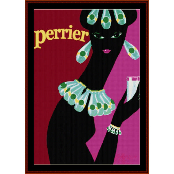 Counted Cross Stitch Pattern: Perrier, Vintage Poster - Cross Stitch Collectibles - A framed vintage-style fashion illustration featuring a black silhouetted woman with turquoise and green jeweled headpiece, collar, earrings, and bracelet against a magenta and pink background, with the word 'Perrier' in yellow at the upper left.