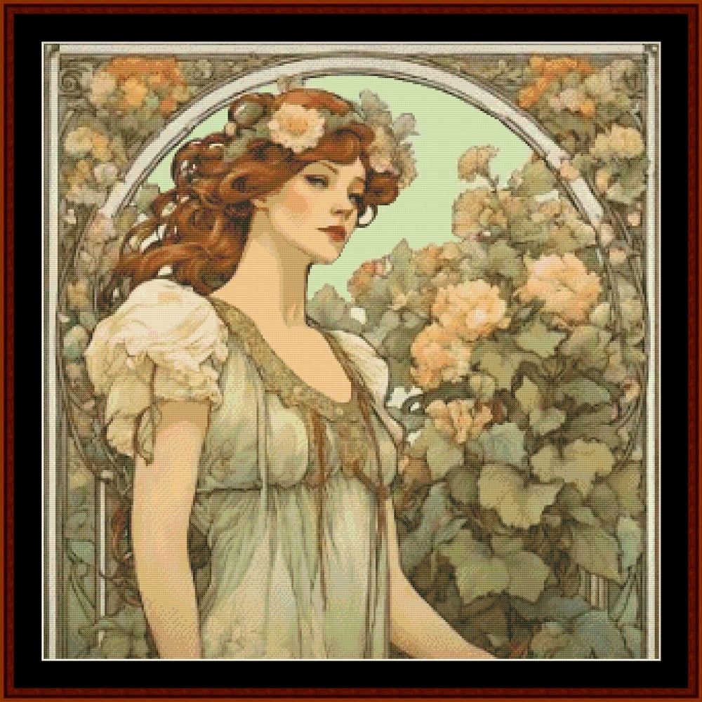 Counted Cross Stitch Pattern: Persephone, Mucha-inspired - Cross Stitch Collectibles - Vintage-style art print featuring a woman with red hair and flowers, wearing a pale green dress, framed by roses and leaves