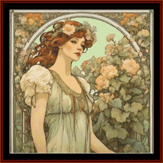 Counted Cross Stitch Pattern: Persephone, Mucha-inspired - Cross Stitch Collectibles - Vintage-style art print featuring a woman with red hair and flowers, wearing a pale green dress, framed by roses and leaves