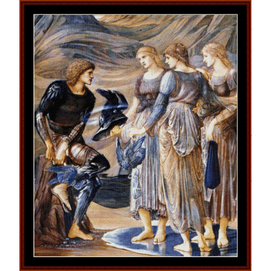 Counted Cross Stitch Pattern: Perseus and the Sea Nymphs by Edward Burne-Jones - Cross Stitch Collectibles - A framed art print depicting a classical scene with a kneeling armored figure and three women in flowing dresses, rendered in muted blue, beige, brown, and black tones.