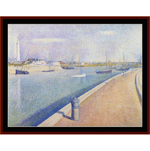 Counted Cross Stitch Pattern: Petit Fort Philippe by Georges Seurat - Cross Stitch Collectibles - A framed art print depicting a Pointillist harbor scene with sailboats on blue water, a pale sky, and a sandy promenade in the foreground