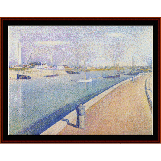 Counted Cross Stitch Pattern: Petit Fort Philippe by Georges Seurat - Cross Stitch Collectibles - A framed art print depicting a Pointillist harbor scene with sailboats on blue water, a pale sky, and a sandy promenade in the foreground