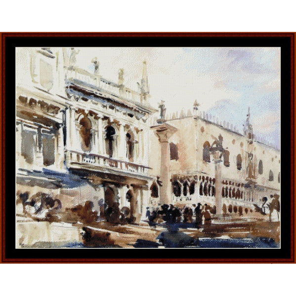 Counted Cross Stitch Pattern: Piazzetta and Doges Palace by John Singer Sargent - Cross Stitch Collectibles - A framed watercolor painting of a Venetian courtyard scene with historic buildings, columns, and small figures in the foreground