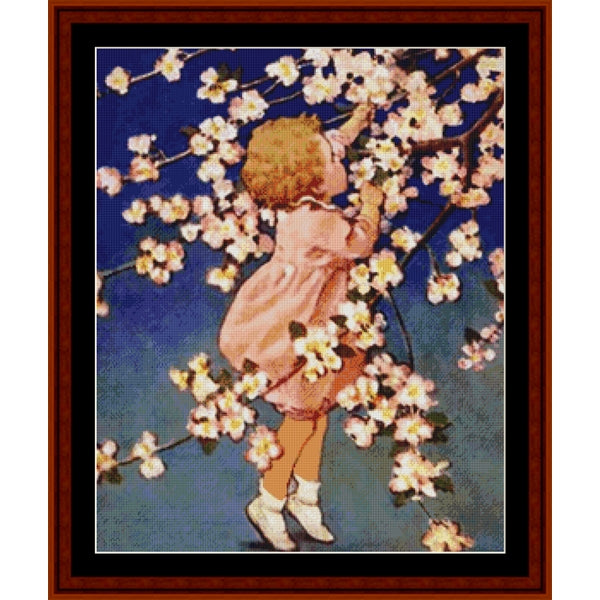 Counted Cross Stitch Pattern: Picking Flowers by Jesse Willcox Smith - Cross Stitch Collectibles - Framed vintage-style artwork showing a young child in a pink dress reaching toward white blossoms on a tree against a deep blue background