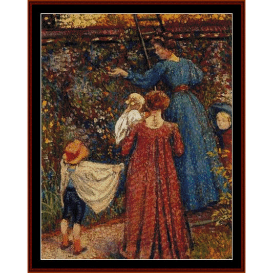 Counted Cross Stitch Pattern: Picking Fruit by Georges Lemmen - Cross Stitch Collectibles - A framed impressionist painting depicting a woman in a blue dress and two children in a garden, surrounded by dense foliage and flowers.