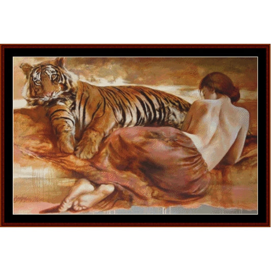 Counted Cross Stitch Pattern: Picnic, Fantasy - Cross Stitch Collectibles - A framed art print depicting a tiger lying beside a nude woman draped in brown fabric