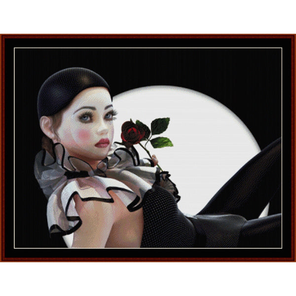 Counted Cross Stitch Pattern: Pierette, Fantasy - Cross Stitch Collectibles - A framed art print featuring a stylized portrait of a woman with dark hair, pale skin, and black eye makeup, reclining against a large white circular shape on a black background while holding a dark red rose.