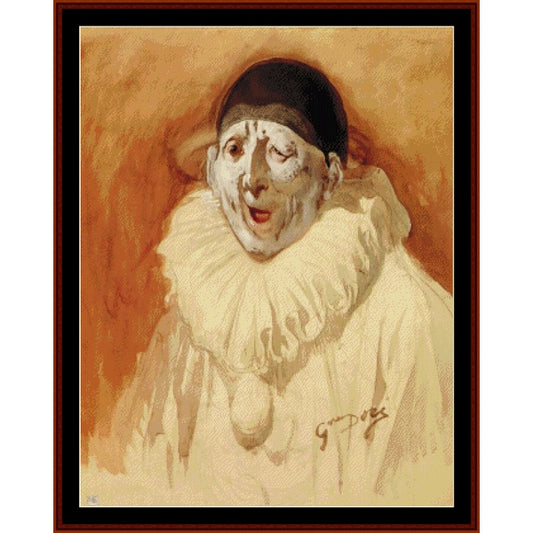 Counted Cross Stitch Pattern: Pierrot Grin by Gustave Dore - Cross Stitch Collectibles - A framed portrait painting of a clown with a white ruffled collar, black hat, and warm orange-brown background