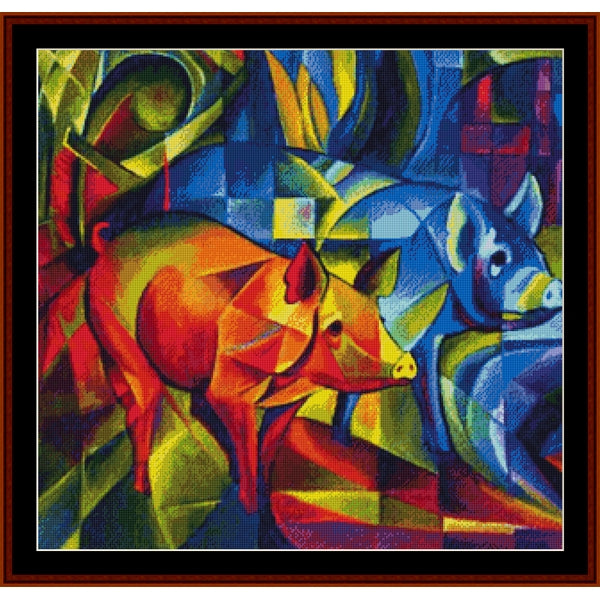Counted Cross Stitch Pattern: Pigs by Franz Marc - Cross Stitch Collectibles - A colorful abstract painting of two pigs, one rendered in warm orange, red, and yellow tones and the other in blue and light blue tones