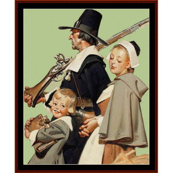 Counted Cross Stitch Pattern: Pilgrims by J.C. Leyendecker - Cross Stitch Collectibles - A framed vintage-style illustration showing a Pilgrim family: a man in a black hat and dark coat carrying a long gun, a woman in a white bonnet and gray cloak, and a young child in gray clothing. 