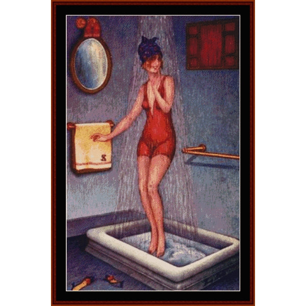 Counted Cross Stitch Pattern: Pin-Up in Shower, Vintage Poster - Cross Stitch Collectibles -A framed vintage-style artwork showing a woman in a red one-piece swimsuit standing in a bathtub under a shower, with a towel, mirror, and window visible in the bathroom scene.