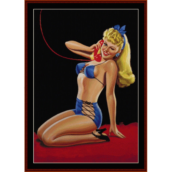 Counted Cross Stitch Pattern: Pin-Up on Telephone, Vintage Poster - Cross Stitch Collectibles - A framed vintage-style pinup artwork showing a blonde woman kneeling and holding a red telephone on a black background with a red floor. 