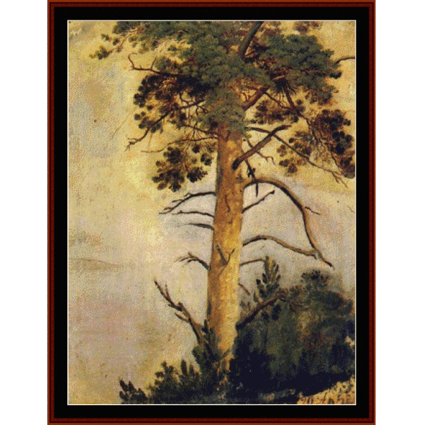Counted Cross Stitch Pattern: Pines on Rocks by Ivan Shishkin - Cross Stitch Collectibles - A framed art print featuring a vertical tree painting with a tall tan trunk, dark green foliage, and a pale cream sky