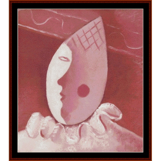 Counted Cross Stitch Pattern: Pink Clown by Mikulas Galanda - Cross Stitch Collectibles - A framed abstract art print featuring a stylized face in profile within a teardrop shape, rendered in pink, red, and cream tones