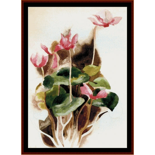 Counted Cross Stitch Pattern: Pink Cyclamen by Charles Demuth - Cross Stitch Collectibles - A framed watercolor-style floral artwork showing pink flowers and green leaves on an off-white background