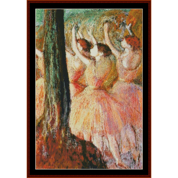 Counted Cross Stitch Pattern: Pink Dancers by Edgar Degas - Cross Stitch Collectibles - A framed art print depicting impressionist ballerinas in pink and yellow tutus near a tree