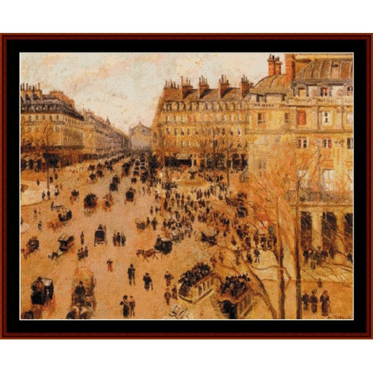 Counted Cross Stitch Pattern: Place du Theatre, Francais, Sun Effect by Camille Pissarro - Cross Stitch Collectibles - A framed impressionist-style painting depicting a busy Parisian street scene with buildings, pedestrians, and horse-drawn carriages