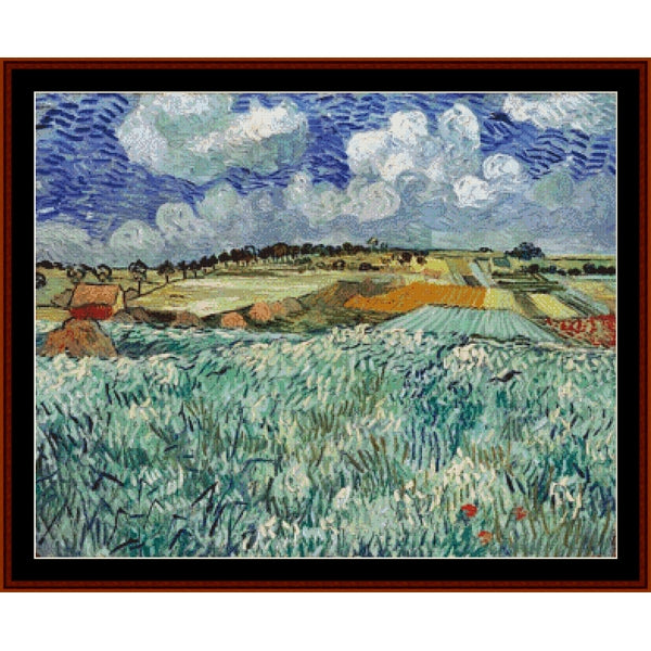 Counted Cross Stitch Pattern: Plain Near Auvers by Vincent Van Gogh - Cross Stitch Collectibles - A framed landscape painting featuring a stylized blue sky with white clouds, green and blue fields, and a small red house