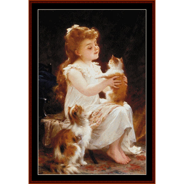 Counted Cross Stitch Pattern: Playing with Kitty by Emile Munier- Cross Stitch Collectibles - A framed vintage-style painting depicting a young girl in a white dress sitting barefoot and holding a ginger cat, with another cat at her side, set against a dark background.