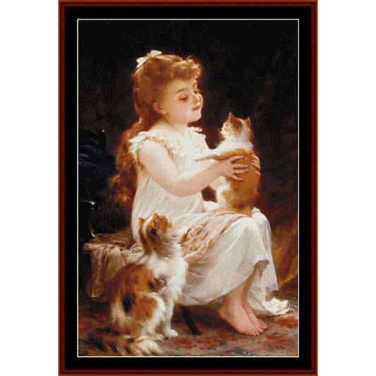 Counted Cross Stitch Pattern: Playing with Kitty by Emile Munier- Cross Stitch Collectibles - A framed vintage-style painting depicting a young girl in a white dress sitting barefoot and holding a ginger cat, with another cat at her side, set against a dark background.