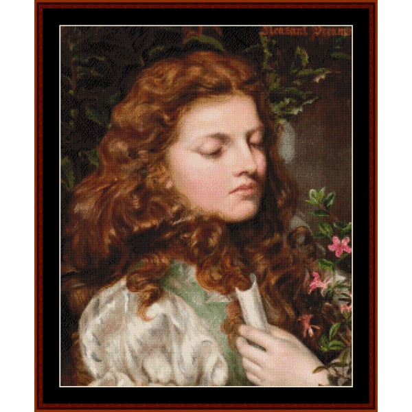 Counted Cross Stitch Pattern: Pleasant Dreams by Emma Sandys - Cross Stitch Collectibles - A framed classical-style portrait painting showing a young woman with long wavy reddish-brown hair, pale skin, and a white dress, with pink flowers and dark foliage around her. 
