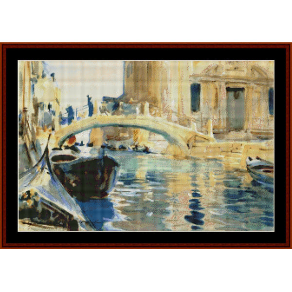 Counted Cross Stitch Pattern: Ponte San Giuseppe di Castello by John Singer Sargent - Cross Stitch Collectibles - A framed art print depicting a scenic Venice canal with boats, a stone bridge, and warm-toned buildings