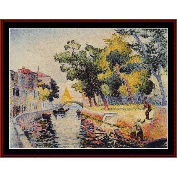 Counted Cross Stitch Pattern: Ponte San Travaso by H.E. Cross - Cross Stitch Collectibles - A framed impressionist-style painting depicting a canal scene with trees, buildings, boats, and small figures along the bank