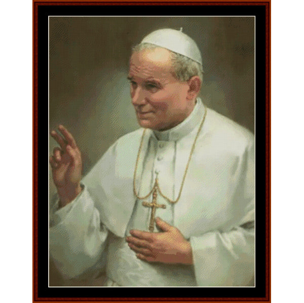 Counted Cross Stitch Pattern: Pope John Paul II, Religious - Cross Stitch Collectibles - A framed portrait print of Pope John Paul II in white papal clothing, with one hand raised in a blessing gesture and the other holding a rosary