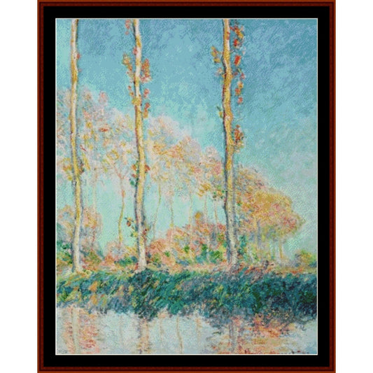 Counted Cross Stitch Pattern: Poplars, 1891 by Claude Monet - Cross Stitch Collectibles - Impressionist-style landscape painting of tall slender trees beside reflective water, rendered in soft blue, green, pink, and gold brushstrokes