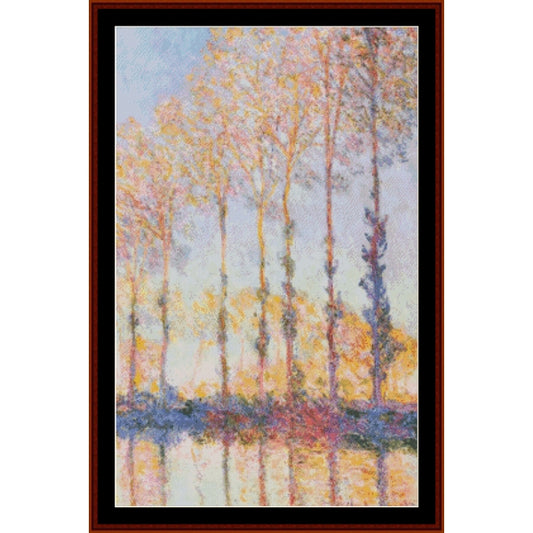 Counted Cross Stitch Pattern: Poplars, End of Autumn by Claude Monet - Cross Stitch Collectibles - Framed impressionist landscape painting of tall trees with soft pastel foliage and reflections in water
