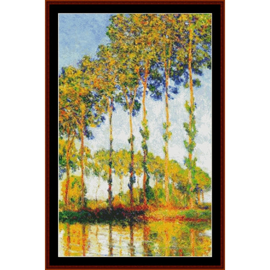 Counted Cross Stitch Pattern: Poplars in Autumn by Claude Monet - Cross Stitch Collectibles - Impressionist-style landscape painting of tall trees with yellow-green foliage and reflections in water