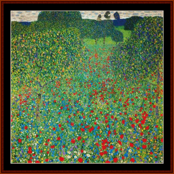 Counted Cross Stitch Pattern: Poppy Field, Detail by Gustav Klimt - Cross Stitch Collectibles - A framed pointillist landscape painting depicting a vibrant green field filled with red, yellow, and blue flowers