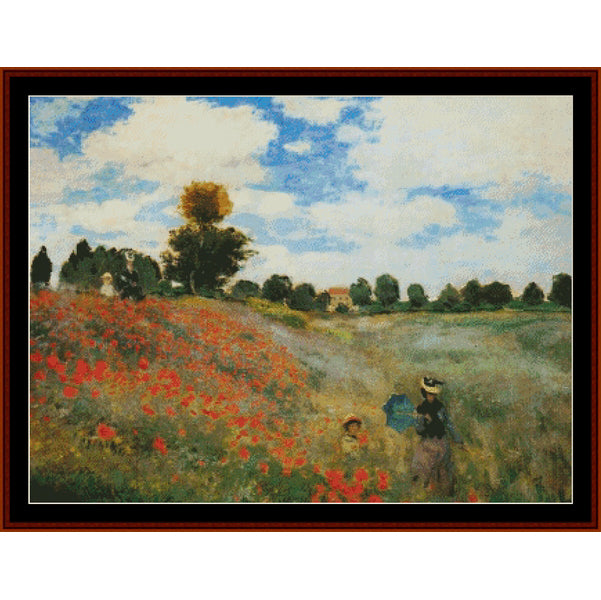 Counted Cross Stitch Pattern: Poppy Field II by Claude Monet - Cross Stitch Collectibles - Framed impressionist landscape painting depicting a vibrant field of red poppies under a blue sky with white clouds, with a figure in a straw hat walking through the field.