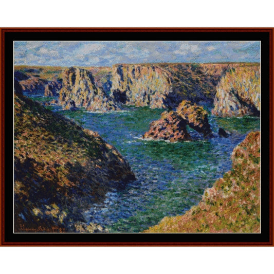 Counted Cross Stitch Pattern: Port Donnant Belle Ile by Claude Monet - Cross Stitch Collectibles - Framed impressionist landscape painting of a rocky coastal inlet with blue-green water, brown cliffs, and a cloudy sky