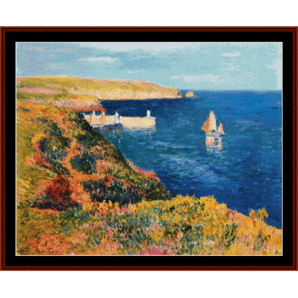 Counted Cross Stitch Pattern: Port Eudy, Ile de Groix by Henry Moret - Cross Stitch Collectibles - Framed impressionist coastal landscape painting featuring a deep blue sea, grassy cliffs with yellow and pink flowers, a small sailboat, and a lighthouse
