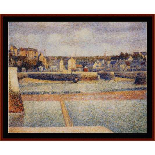Counted Cross Stitch Pattern: Port en Bessin, Low Tide by Georges Seurat - Cross Stitch Collectibles - A framed pointillist painting depicting a harbor or coastal town scene with boats, buildings, and water
