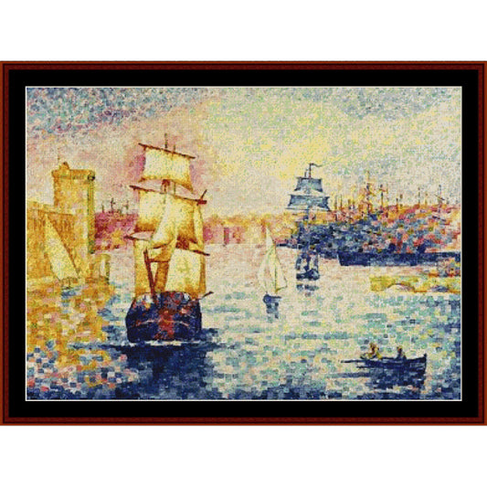 Counted Cross Stitch Pattern: Port of Marseilles by H.E. Cross - Cross Stitch Collectibles - A framed impressionist-style harbor painting with sailboats and ships on blue water