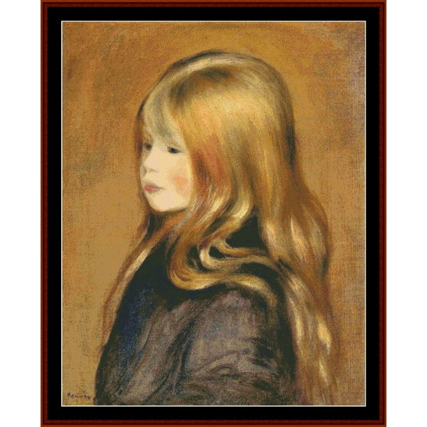 Counted Cross Stitch Pattern: Portrait of Edmund by Pierre Auguste Renoir - Cross Stitch Collectibles - A framed portrait painting of a young boy with long golden hair, shown in profile against a warm brown background