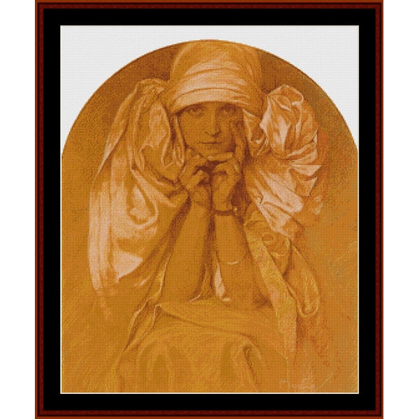 Counted Cross Stitch Pattern: Portrait of Jaroslava II by Alphonse Mucha - Cross Stitch Collectibles - A framed art print featuring a sepia-toned portrait of a woman in a headscarf