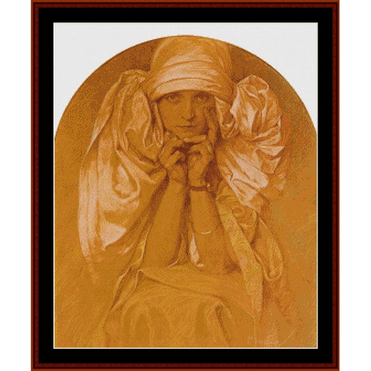 Counted Cross Stitch Pattern: Portrait of Jaroslava II by Alphonse Mucha - Cross Stitch Collectibles - A framed art print featuring a sepia-toned portrait of a woman in a headscarf